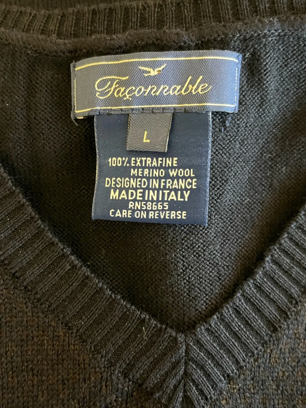 Faconnable 100% Merino Wool Black V-Neck Sweater Vest | Made in Italy | Large